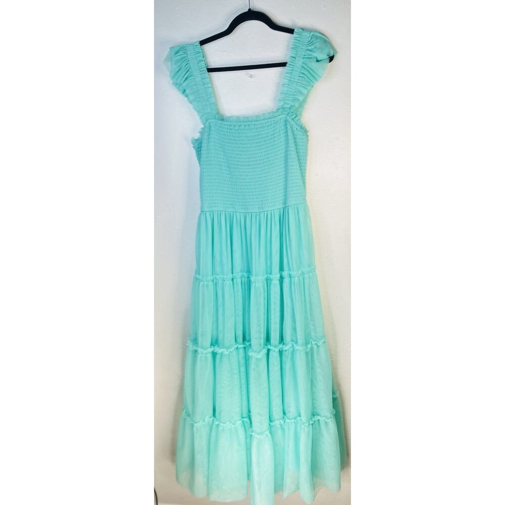 Bibi Smocked Tulle Tiered Jade Green Maxi Dress XL Cocktail Formal - Picture 3 of 8